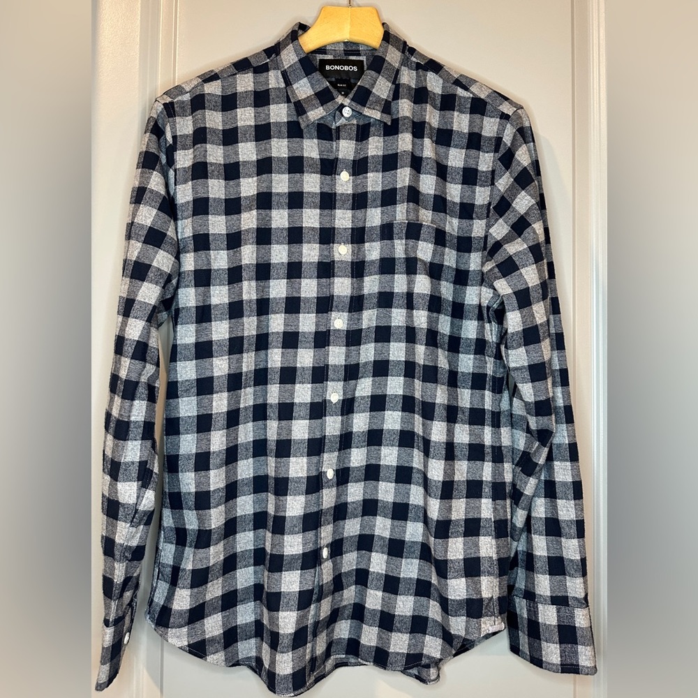NWT Bonobos Navy Blue/Grey Plaid Long-sleeve Button Down Shirt - Size Medium
